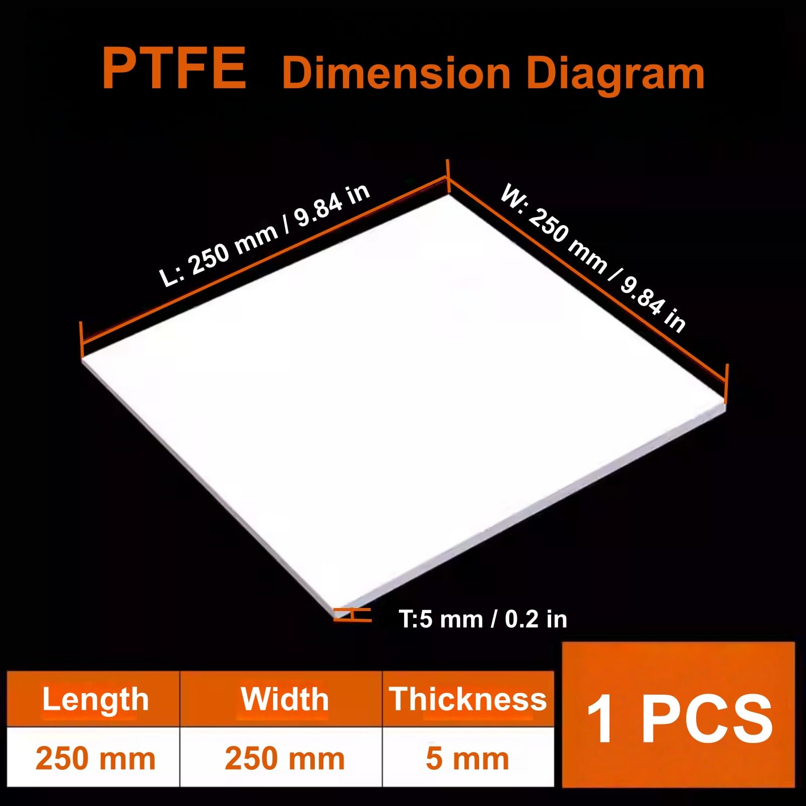 PTFE-Kunststoffplatte, PTFE-Folie, weiß, geringe Reibung, Hitze, einfaches Schneiden, 250 x 250 mm, 3–8 mm, DIY-Versiegelung(5mm)