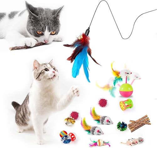Miniatura 2 de MIBOTE 28 juguetes surtidos para gatos, túnel para gatos, hierba gatera, pez, plumas, varita, ratón, bolas y campanas, juguetes para interiores,