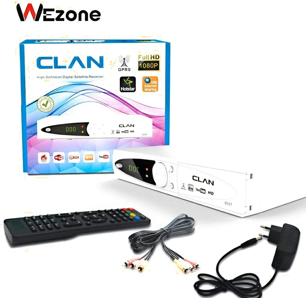 Wezone 8009 DVB-S2 Satellite TV Receiver Set Top Box [with HD Cable & Wifi Dongle ] HD H264 support PVR and playback via USB, Support Internet from Mobile, Support Free to Air Channels, 2 USB Ports, with 1-Year Service