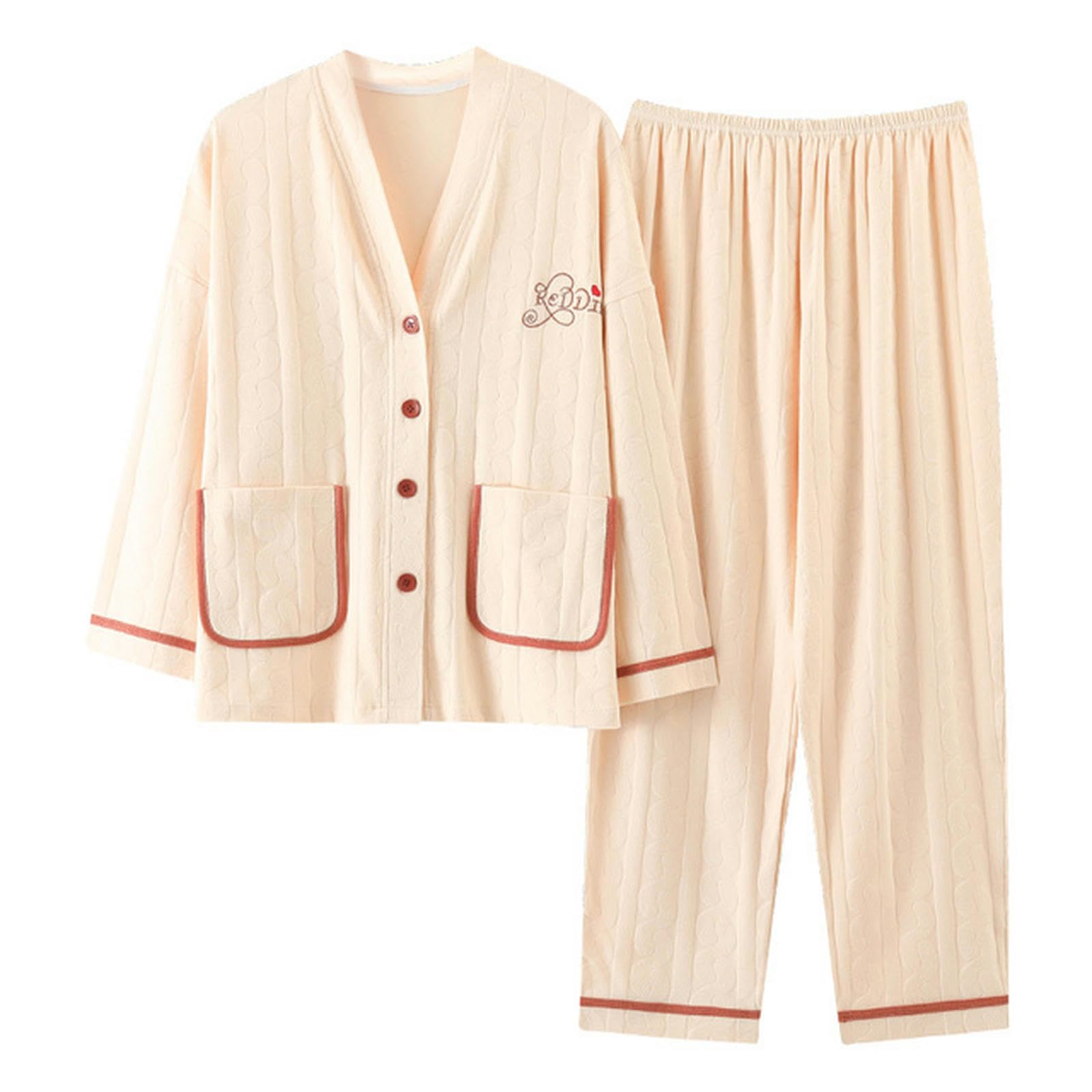 NOGRAX Pijama Conjunto De Pijamas De Manga Larga De Algodón para Mujer, Pijamas Femeninos Suaves Y Sueltos con Cuello En V, Otoño E Invierno