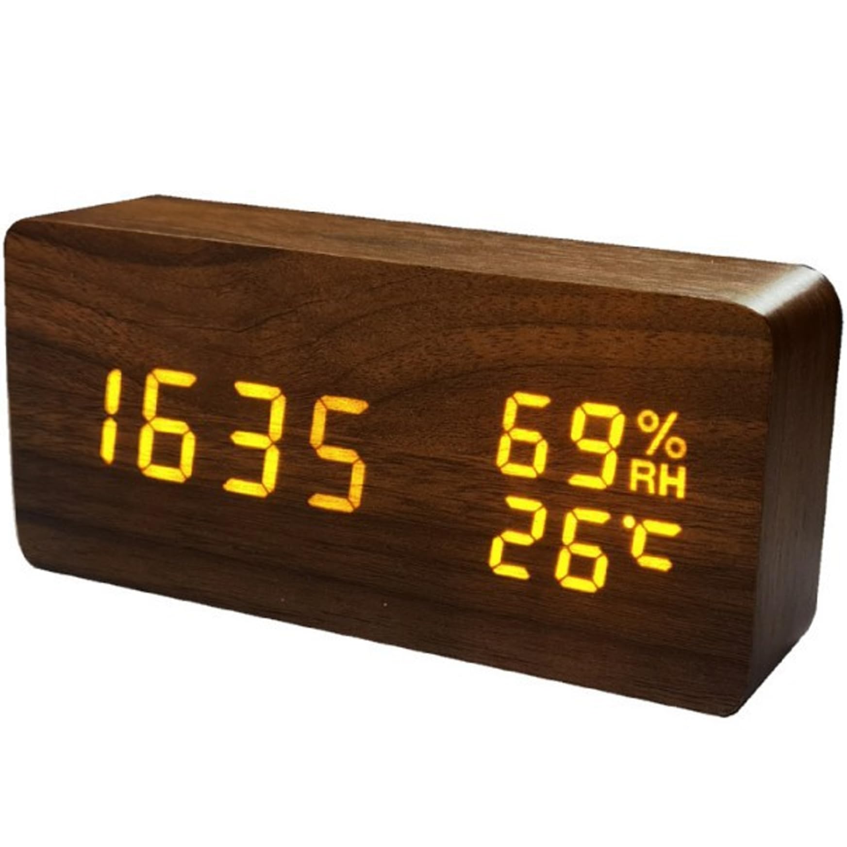Reloj despertador LED de madera con termómetro e higrómetro recargable