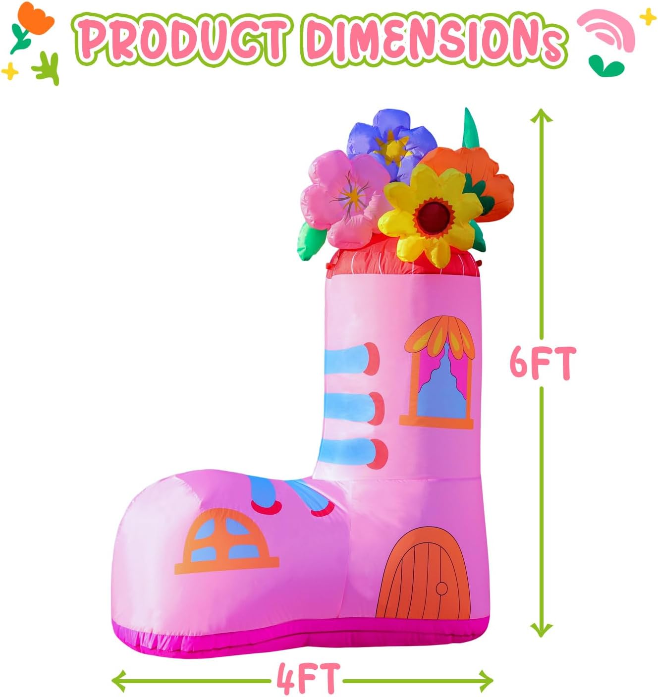 DomKom 6FT Spring Inflatable Flower Outdoor Decoration and Pink Rain Boots, Blow Up Easter Decoration, Built-in LEDs for Holiday Party, Garden, Lawn, Yard, Patio, Outdoor