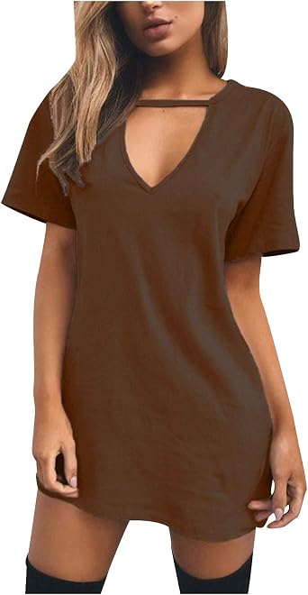 Womens Short Sleeve V Neck Tunic Dress with Front Cutout Relaxed Fit Casual Mini for Everyday Wear