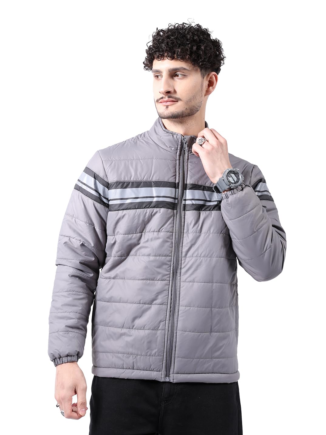 the indian garage co Men Grey Slim Fit Colorblocked Puffer Jacket-picture-23