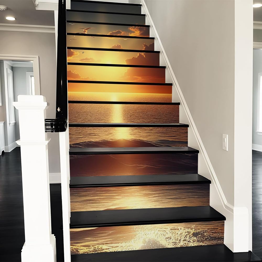 REDAMANCY Sunset Ocean Beach Landscape Peel and Stick Vinyl Stair Riser Decals Staircase Tile Stair Stickers Abstract Art Modern Decoration Self-Adhesive Home Decor Stair Decals (14 Pcs)