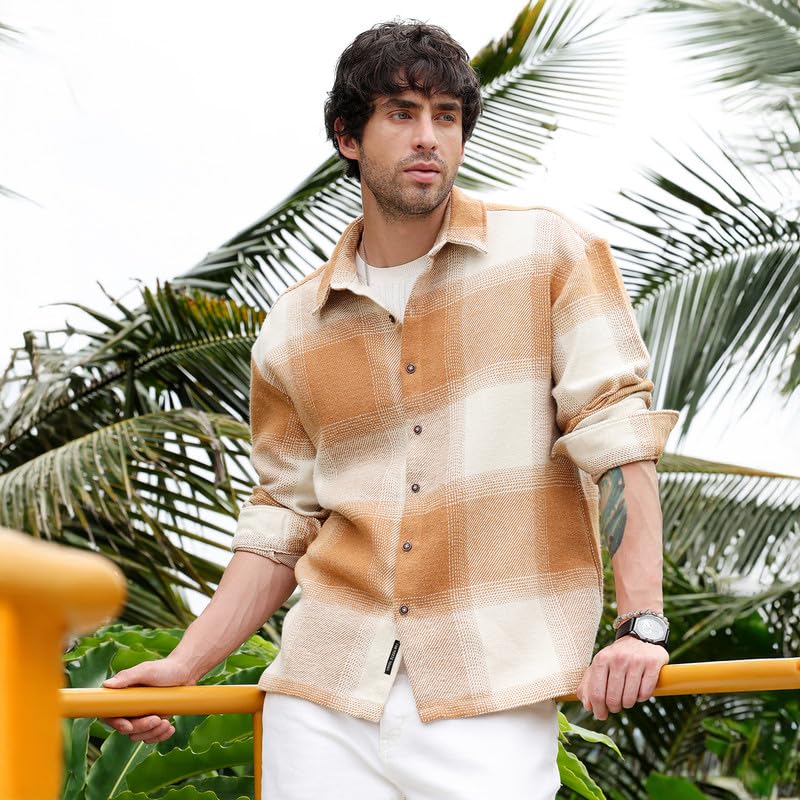 Image of CAHOOT Men Shirt | Spread Collar, Long Single-Button Cuff Sleeves | Button, Straight Hem | Plaid Twill | Woven Fabric for Casual Tan Brown:Off White