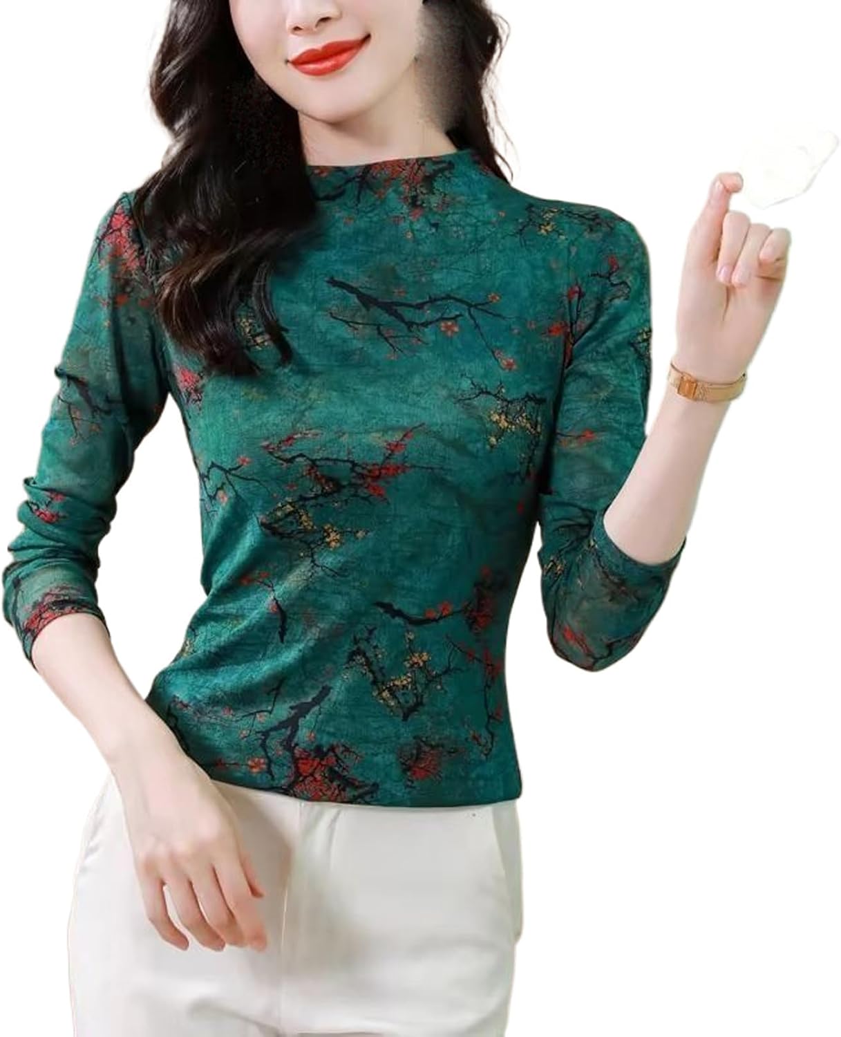 Women's Elegant Mesh Printed Shirt Stand Collar Long Sleeve High Stretch Blouse Female Pullover Top