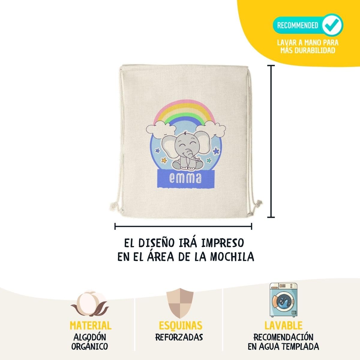 Mochila Personalizada Algodón Diseño Infantil Bolso Saco con Cuerdas Hecho en España