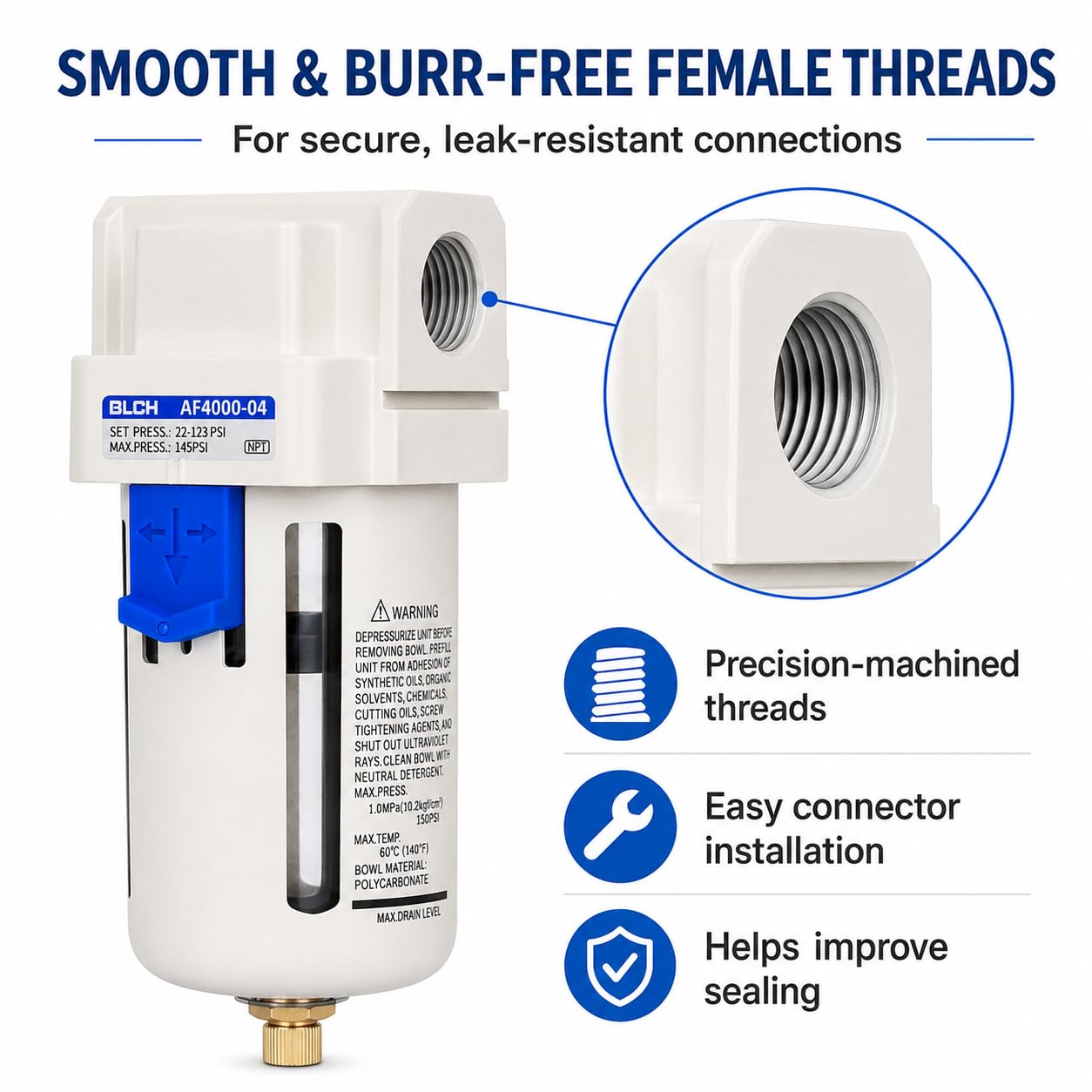 BLCH 1/2" NPT Air Line Dryer - Air Dryer for Compressor,Compressed Air Dryer Air Drying System AF4000-04 Manual Drain Poly Bowl 0-160 PSI 5μm — Amazon image 4