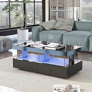 Merax Couchtisch Hochglanz mit LED, Moderner Wohnzimmertisch mit Stauraum Schubladen, Multifunktionaler Beistelltisch für Wohnzimmer, rechteckiger Mitteltisch, Sofatisch, Coffee Table, Büro, Schwarz