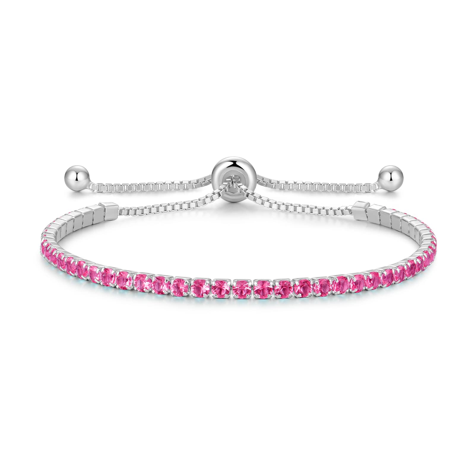 Cranmadia Sterling Silver Birthstone Tennis Bracelets for Women 2.5mm Tennis Bolo Bracelet Fashion Jewelry Birthday Gifts for Women Mom Wife | Adjustable Size 9"