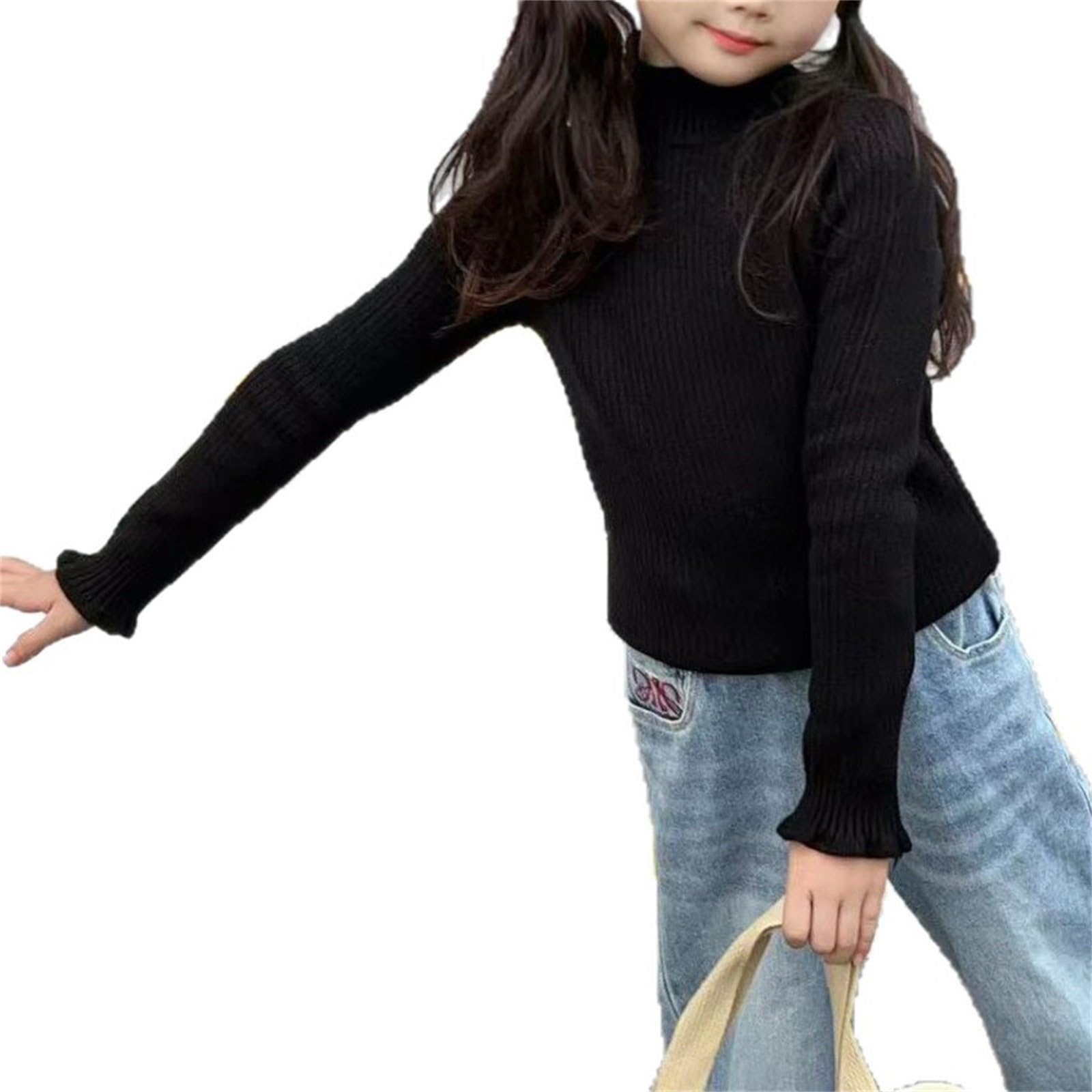 Camisetas de manga larga con cuello alto para niñas, con volantes, de punto acanalado, cómodo, suave, suéter cálido de invierno