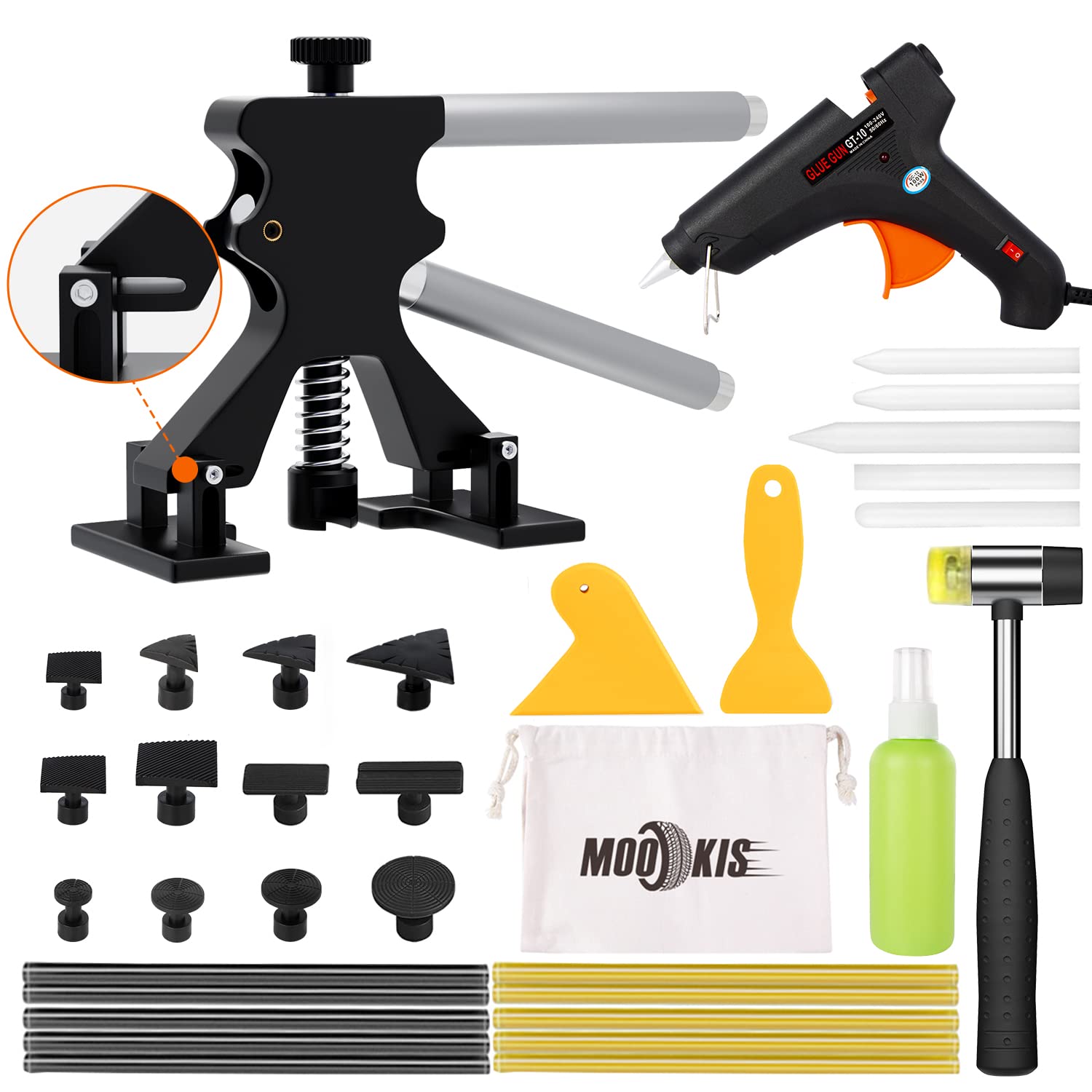Mookis34 PCS Dent Removal Kit Adjustable Width Paintless Dent Repair Kit Car Dent Puller with Puller Lifter, Glue Gun and Carry Bag for Moto and Auto Body Dent Removal