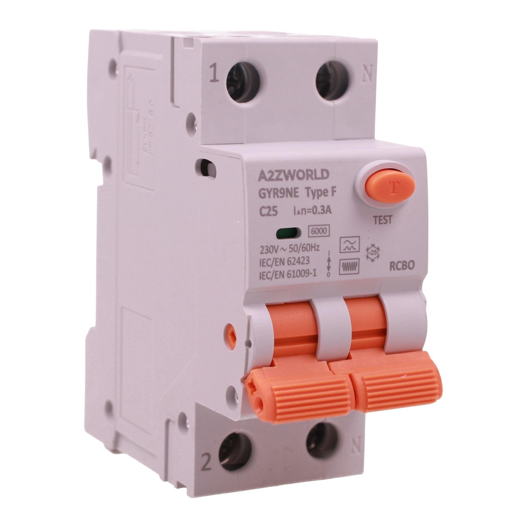 RCBO typ F 25A C25 300ma/0,3A, wyłącznik różnicowy magnetyczny klasy F krzywa C, 1P+N 6 kA 2 moduły, podwójna dźwignia, do nowoczesnych urządzeń elektronicznych