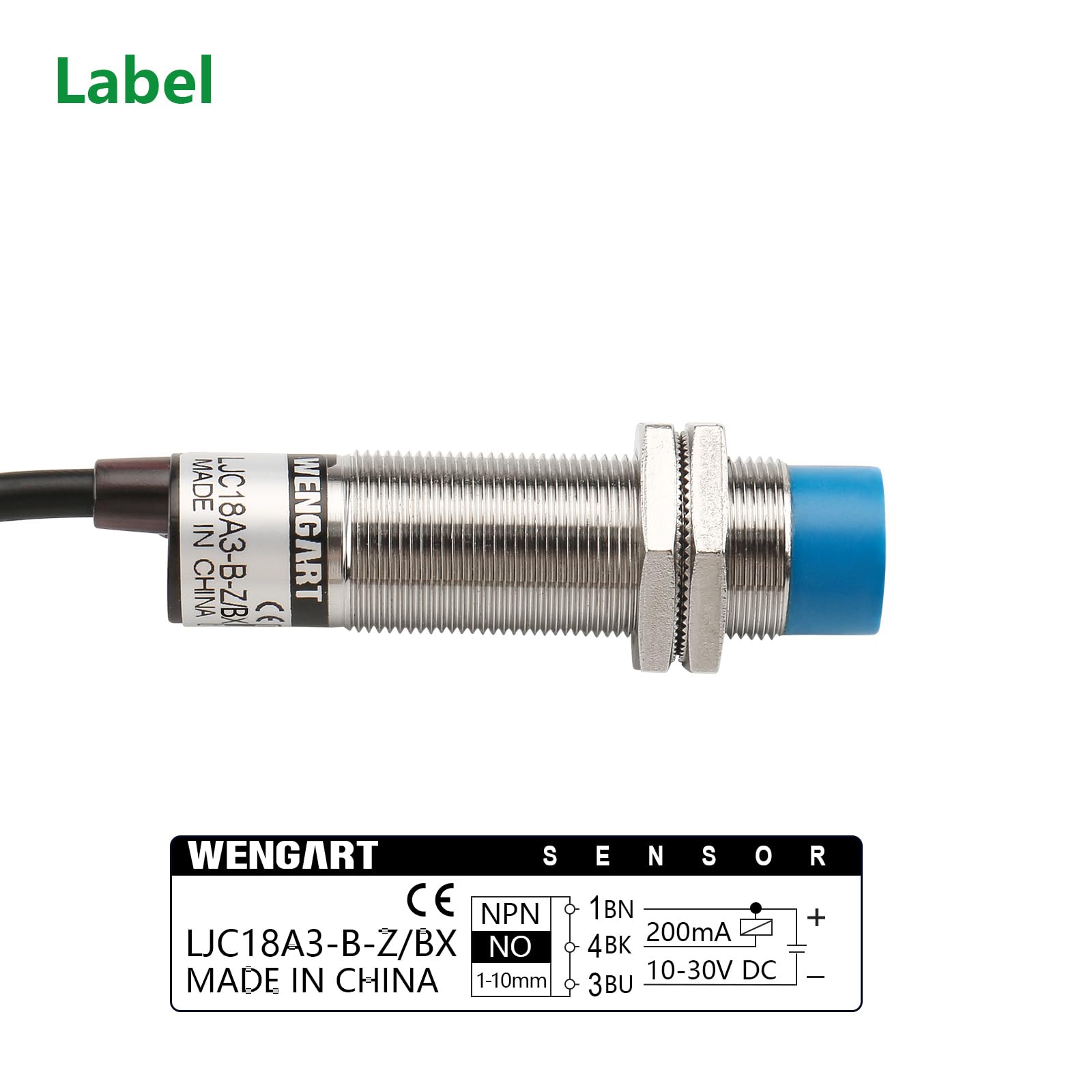 Wengart Przełącznik pojemnościowy czujnika zbliżenia LJC18A3-B-Z,M18,DC10-30V,300mA,10mm Detection Distance,3 Wire (NPN Normally Open)