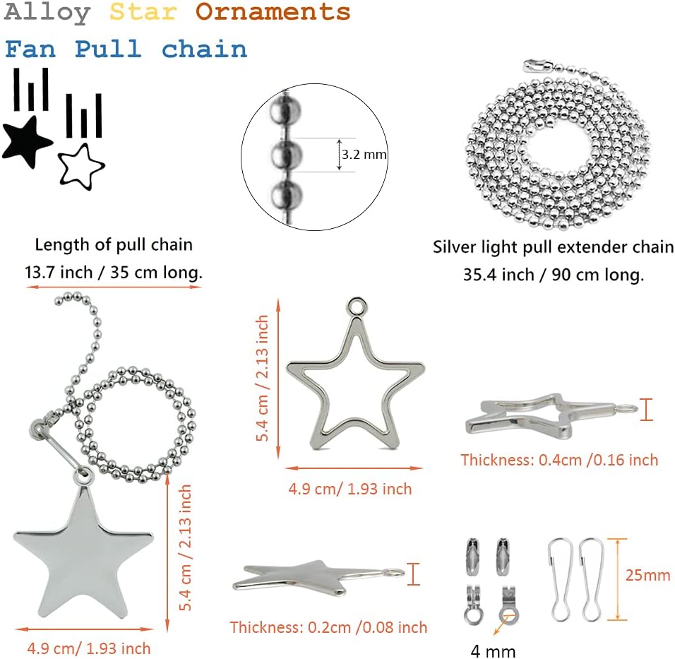 Pull Chain Star Ornaments, Ceiling Fan Pull Extender Light Extension Chains Replacement, Decorative Stainless Steel Beaded Ball Chain Set for Kids Boys Lamp Bulb Fixture