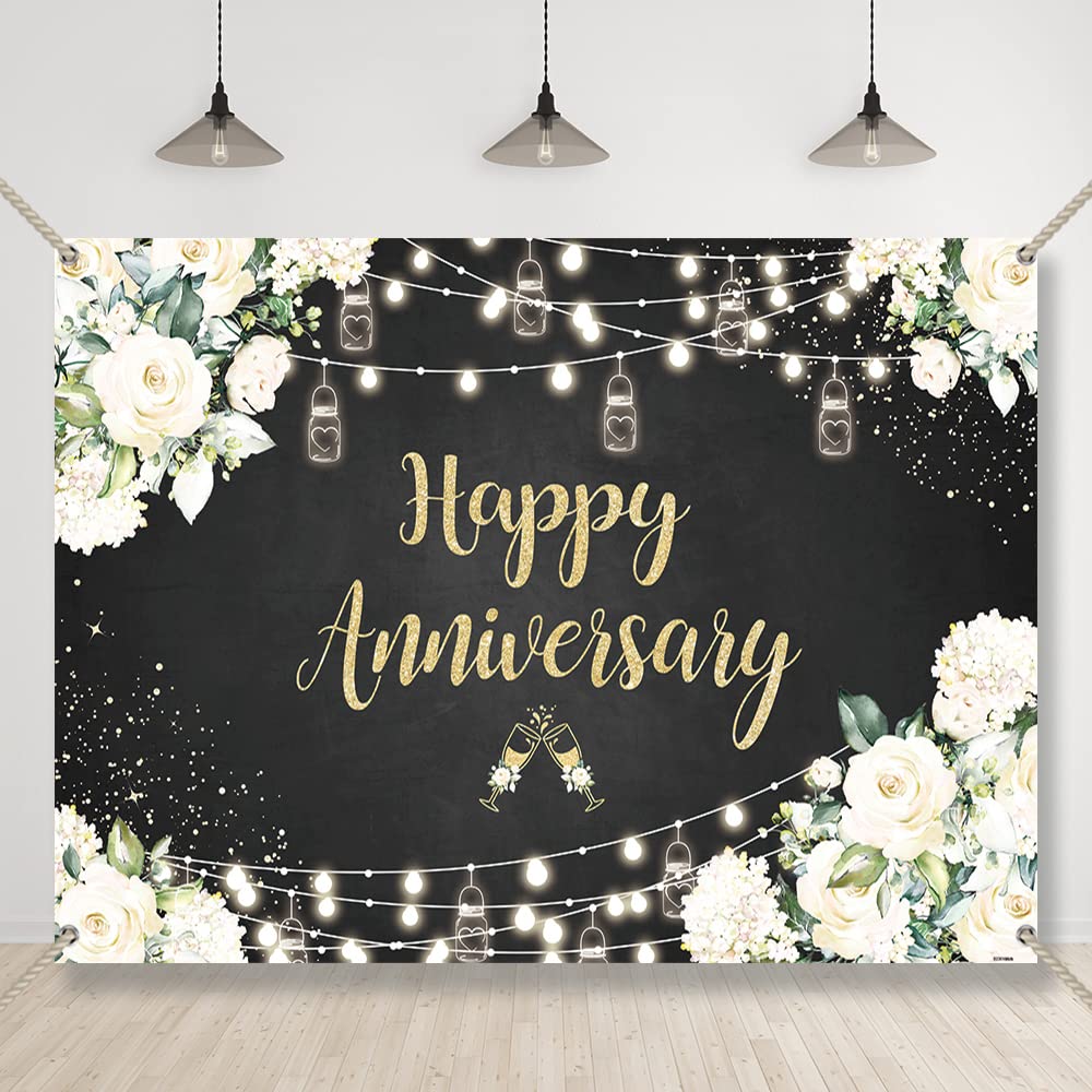 Bellimas Black and White Gold Happy Anniversary Backdrop Flowers Cheers to 25 Years Background 50th Marriage Anniversary Wedding Birthday Party Celebration Decorations Banner with Copper Grommets