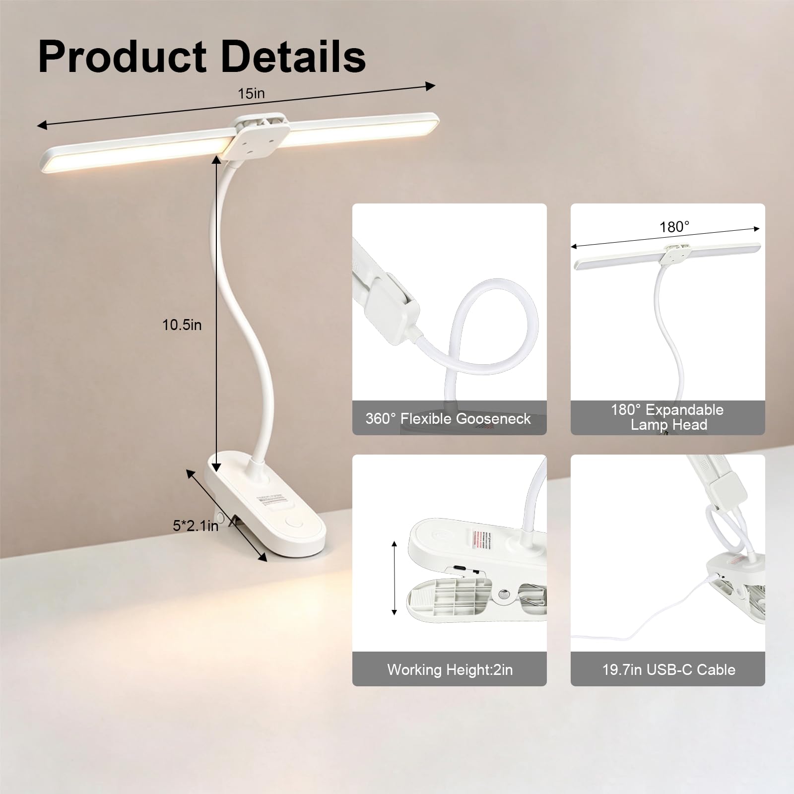 1200mAh ricaricabile doppia testa LED Desk Lamp con morsetto