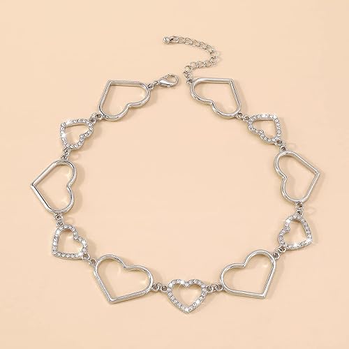 Miniatura 4 de Jumwrit Gargantilla de corazón de diamantes de imitación, lindo collar de corazón entrelazado, collar de cadena de corazón de amor brillante para