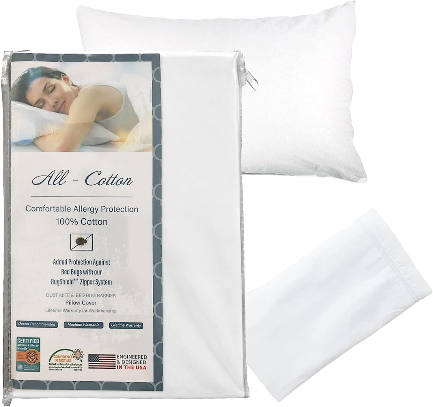 Premium 100% Cotton Zippered Pillow Protector - Queen Size - White - 300 Thread Count - Hypoallergenic Bed Pillowcase with Zipper - Breathable Encasement Cover