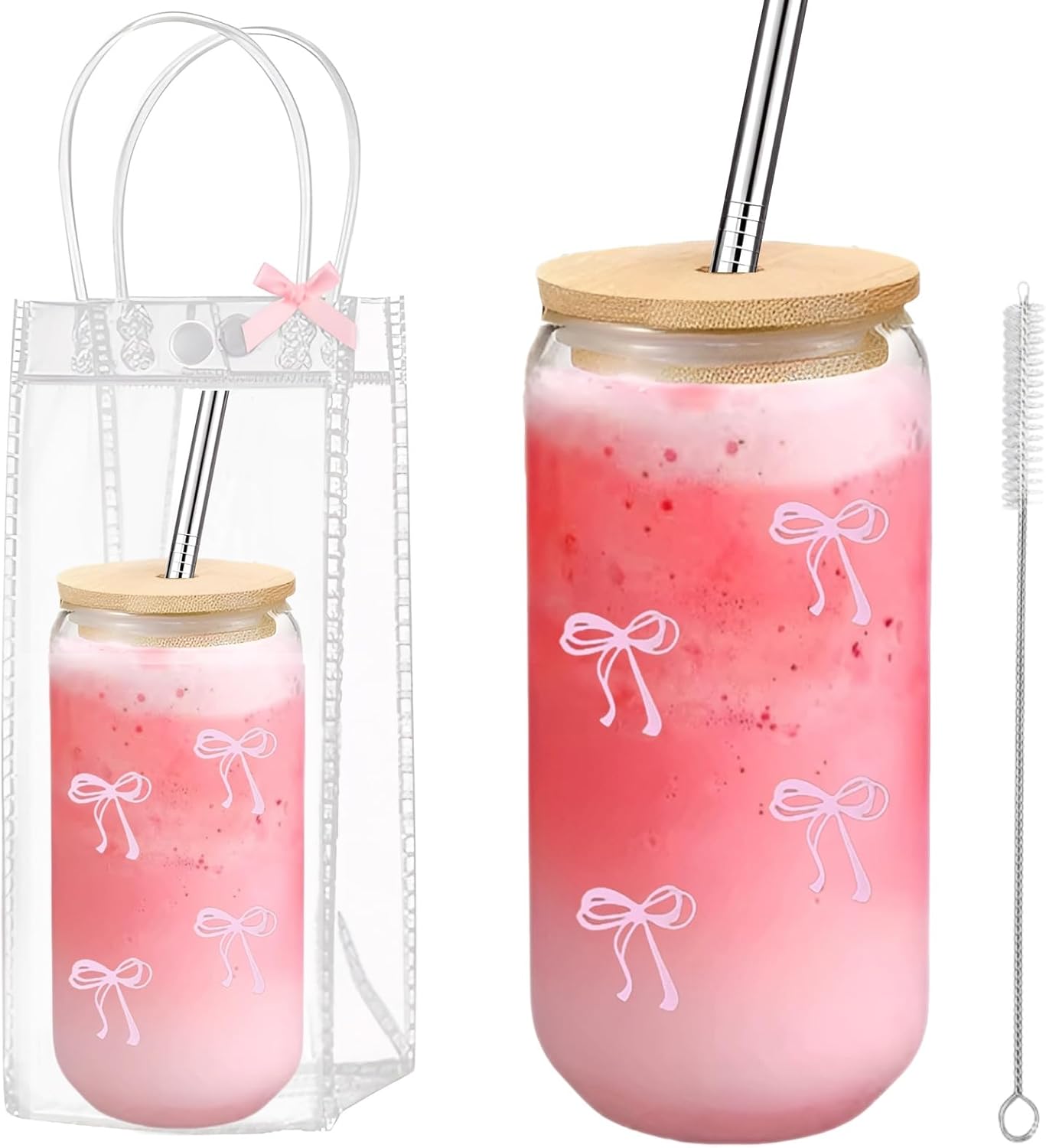 Coquette Bow Glass Cup with Clear Gift Bag,16 oz Iced Coffee Cup with Lids and Straws, Aesthetic Glass Tumbler Smoothie Cup Beer Drinking Cup for Girls/Bestfriend/Sister/Girlfriend/Mom