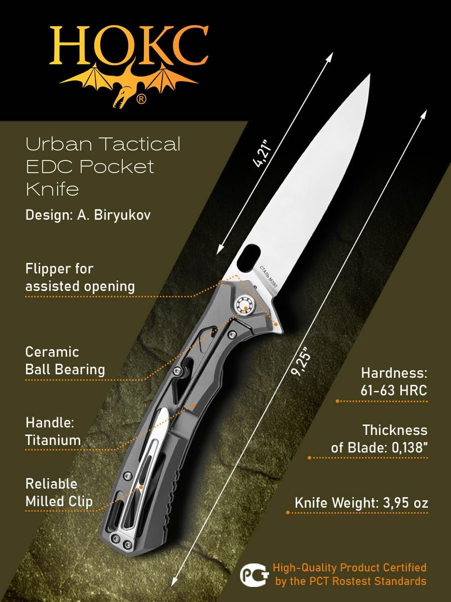 HOKC Major | 328-159506 | Pocket Knife, EDC Knife by Official Dealer - Designed by Russian Master Aleksander Biryukov - Limited Edition, Frame Lock, Titanium Handle, Ceramic Ball Bearing, Finger Flipper, Long and Durable M390 Powder Steel, Satin Finished - Ideal for Camping & Hunting