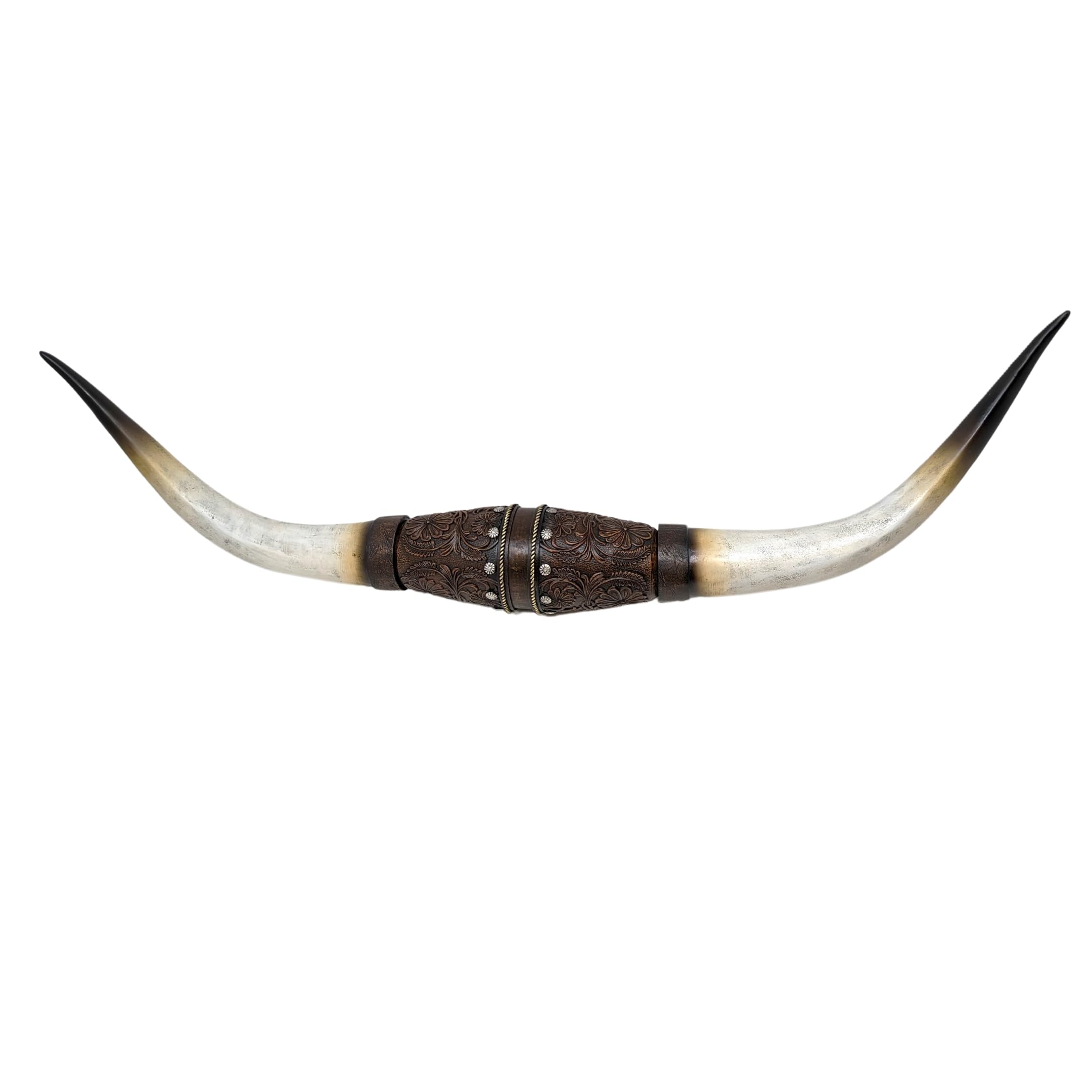 Faux Bull Longhorn Skull Wall Decor – Resin Sculpture with Tooled Leather-Style Floral Design – Rustic Steer Horns Wall Art for Western, Southwestern, Native American Decor – Great Gift Idea