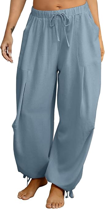 Womens Linen Balloon Barrel Beach Pants Boho Harem Flowy Drawstring Casual Loose Pants with Pockets