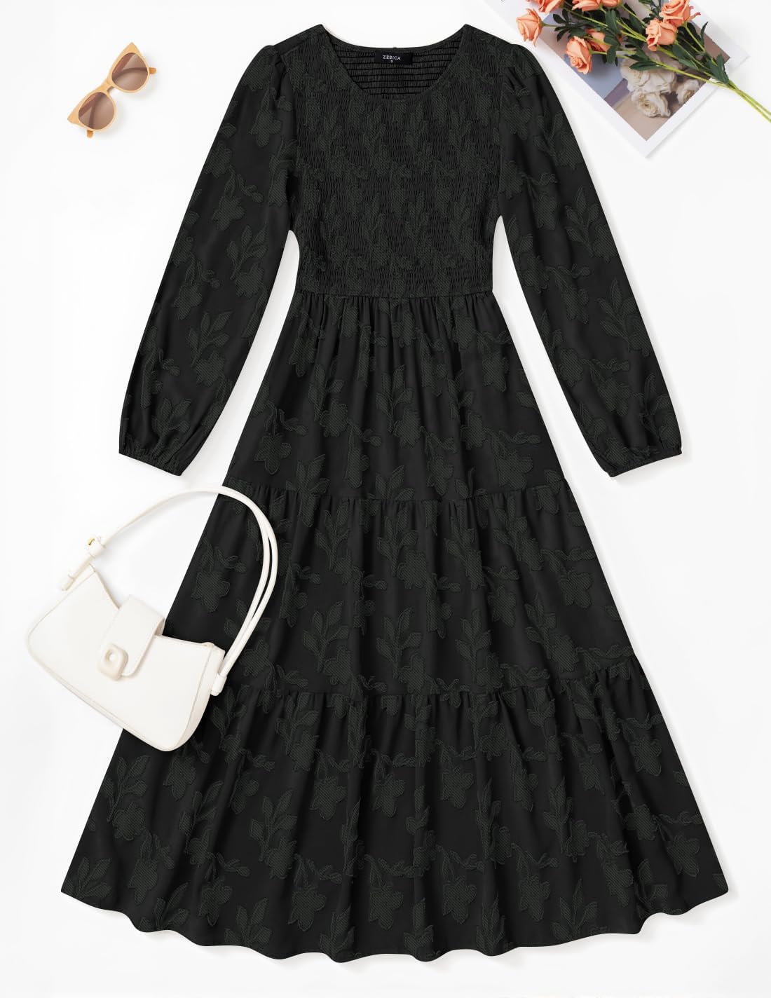 ZESICA Women's Fall Boho Floral Midi Dress 2026 Casual Long Sleeve Crewneck Flowy Wedding Guest Long Dresses - Image 7