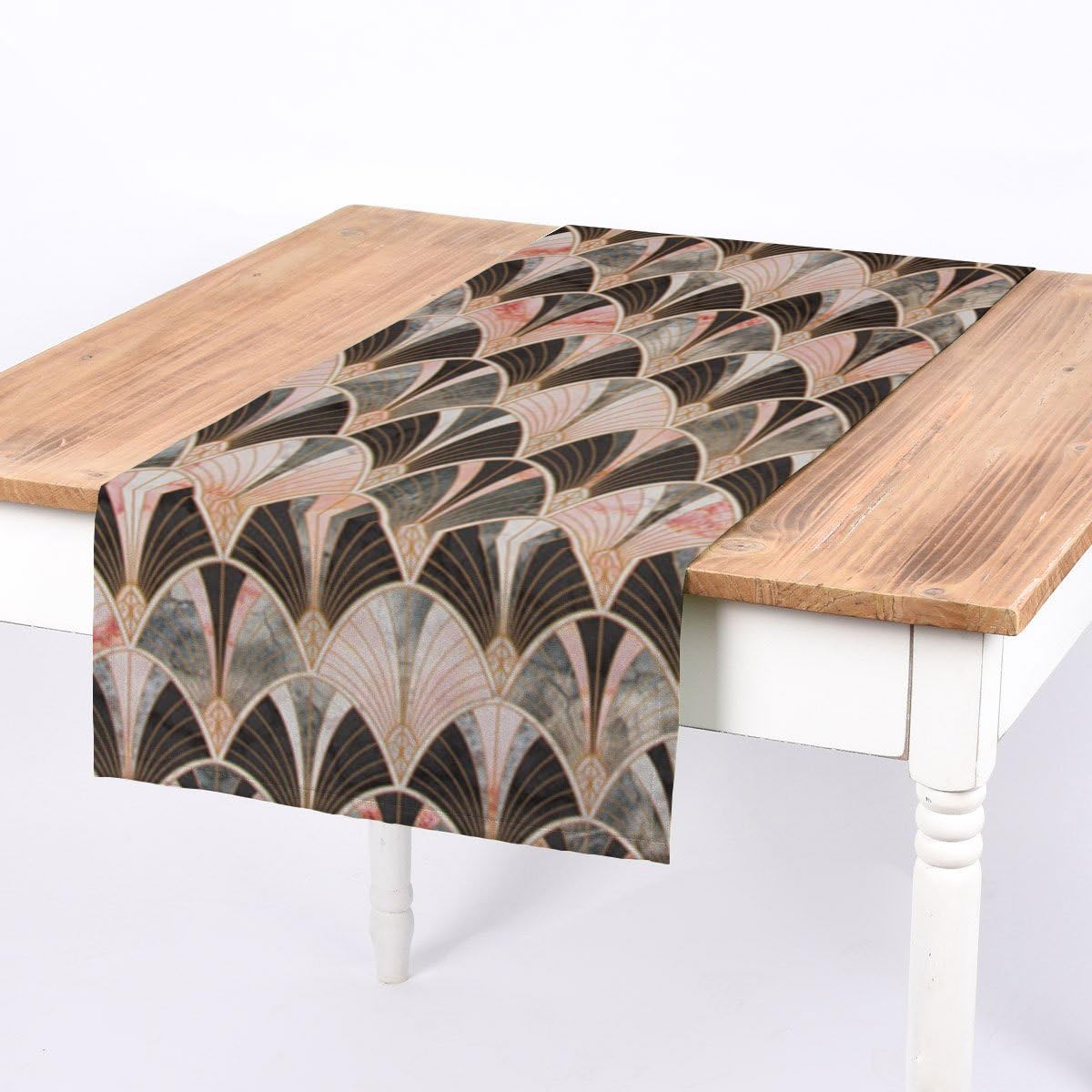 SCHÖNER LEBEN. Chemin de table Art Deco - Arche marbre - Vert, rose, marron - 40 x 160 cm