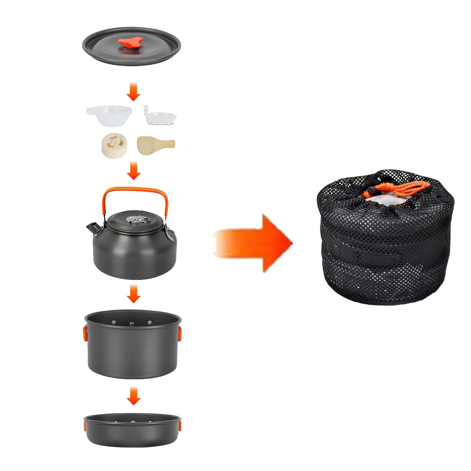 Set de Ollas Camping 2-3 Personas Kit de Utensilios de Cocina de Camping Aluminio Ollas y Sartenes para Acampar 10 PCS Cocina Portátil para Camping Senderismo Acampada al Aire Libre (Naranja)