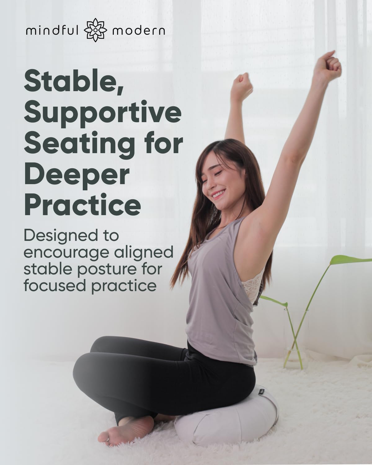 Mindful & Modern Large Meditation Cushion | Zafu Yoga Bolster Meditation Floor Pillow Seat | Buckwheat Hull Filled Crescent Shaped Cushion with Removable Washable Cover + Carry Handle | White