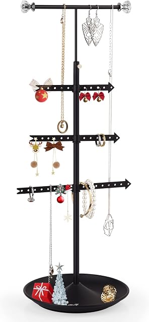 Alsonerbay Jewellery Stand 4 Tier, Rotatable Jewelry Holder Organizer, Height-adjustable Black Metal Hanging Necklace Tower for Display Rings and Earring
