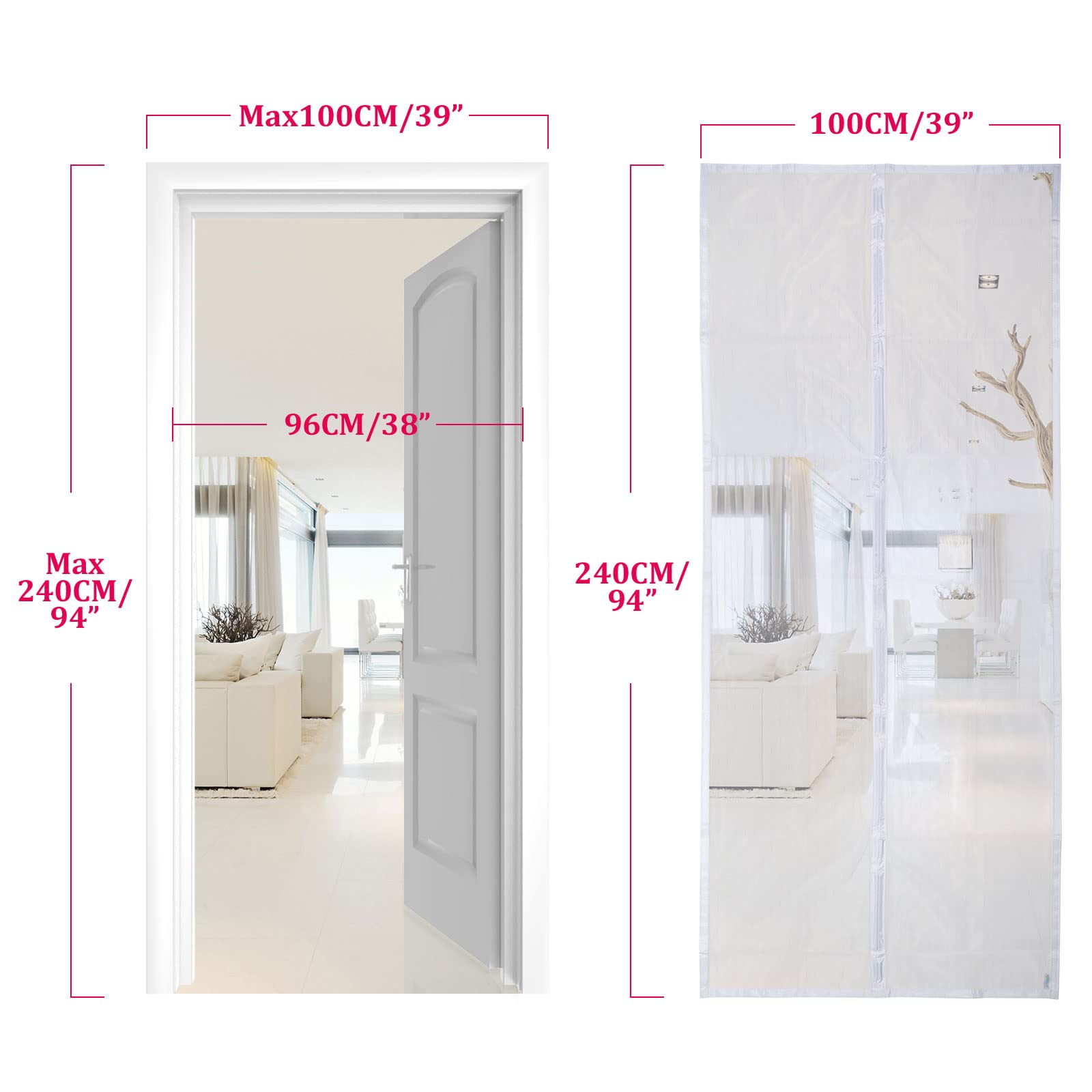 Apalus Zanzariera con Magneti per Porte, 100 x 240CM - Rete Fine, Tenda Totalmente Magnetica, si Chiude da Sola - Non Accorciabile (Bianco)