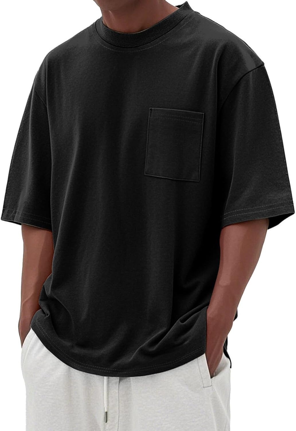 Men's Oversized Cotton T-Shirt Short Sleeve Casual Crew Neck Solid Pocket Tee Basic Workout Tops