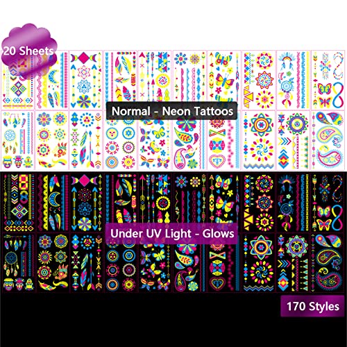 Glow In The Dark Temporary Tattoos 20 Sheets Uv Neon Face Body Paint Fake Tattoos Party Supplies Accessory Decorations Stickers For Women Aldult Kids (170 Styles) #TOP4