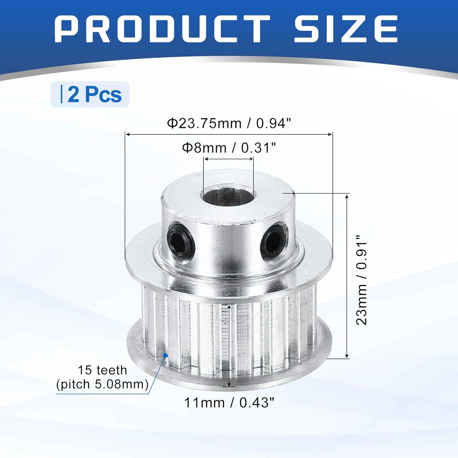 MECCANIXITY 2 Pcs Aluminium Timing Pulley, XL 15 Teeth 8mm Bore Synchronous Wheel Timing Belt Pulley 5.08mm Pitch 11mm Slot Width for Belt, CNC Machine, 3D Printer