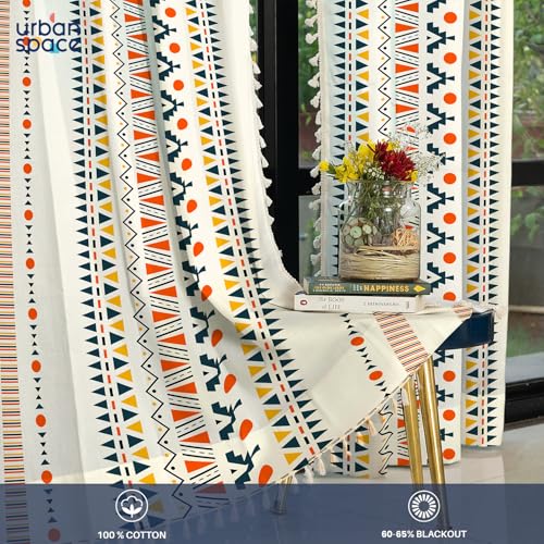 Image of Urban Space Abstract Bohemian Decorative Curtain for Window,100% Cotton Curtain 5 Feet Long,1 Piece Curtain with Tassels,60-65% Room Darkening Curtain with Tieback and Eyelets (Ikat Orange,5 Feet)