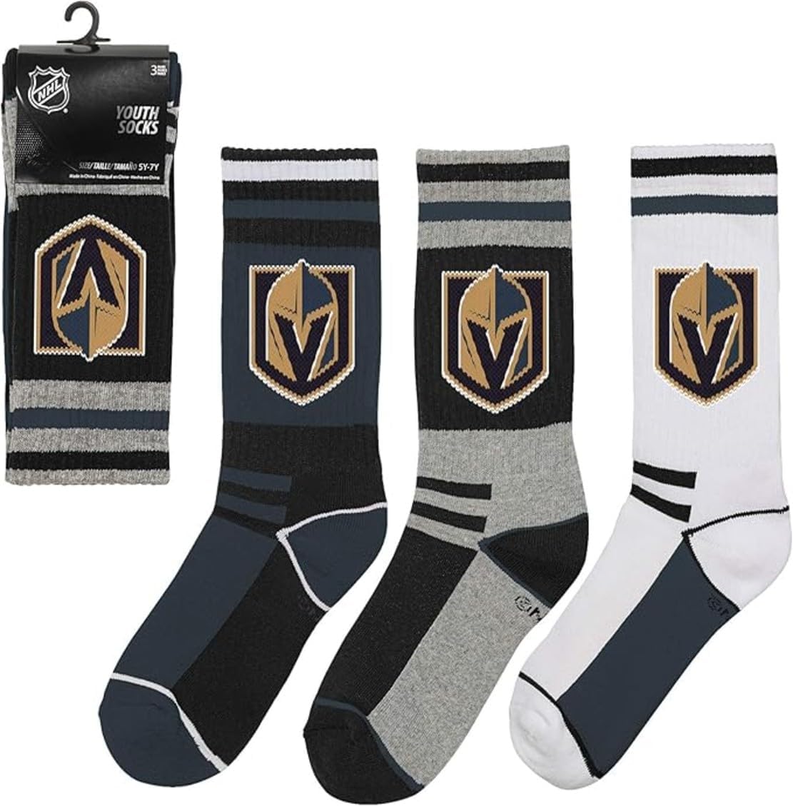 VF NHL Vegas Golden Knights Youth Crew Socks, 3-Pack, Black/Grey/White, Boys Size 5y-7y