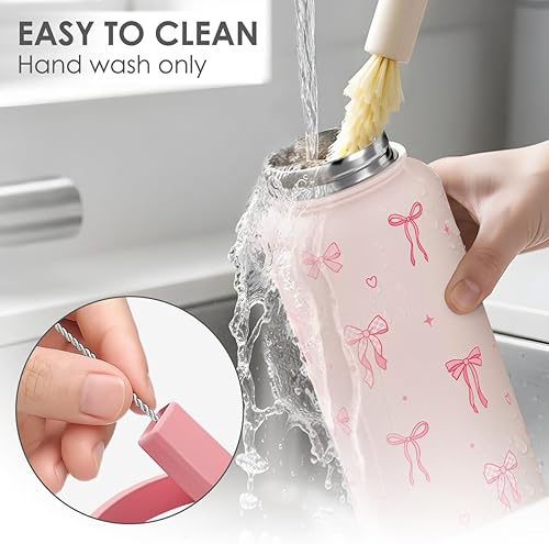 Miniatura 4 de Regalo de lazo coquette para mujer, botella de agua de acero inoxidable de 32 onzas con tapa y popote, lazos rosados, botellas aisladas estéticas,