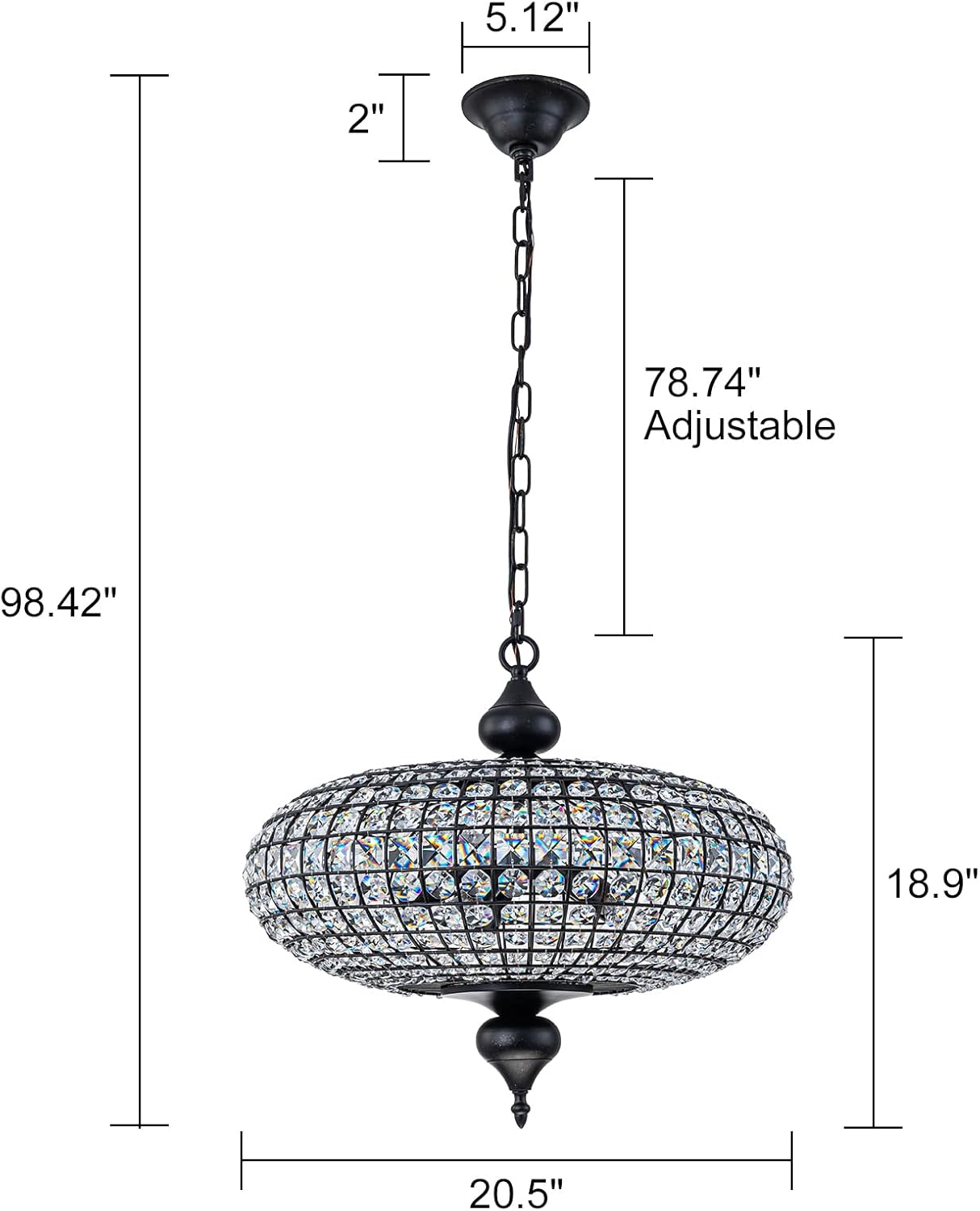 21" Black Gold Crystal Chandelier, Large Farmhouse Dining Room Light Fixture, 5-Light Vintage Crystal Hanging Chandelier for High Ceiling Living Room Kitchen Island