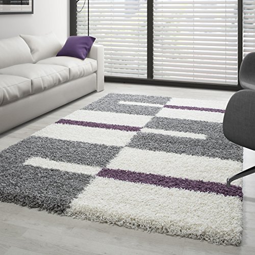 Carpettex Hochflor Teppich Wohnzimmer Shaggy Flokati Teppich Modern Kariert Design 160 x 230 cm Lila...