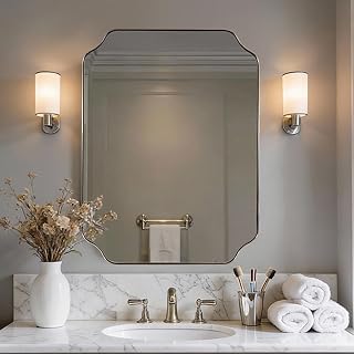 MIRRORART 22x30'' Gold Bathroom Mirror for Wall, Rounded Cut Corner Mirror