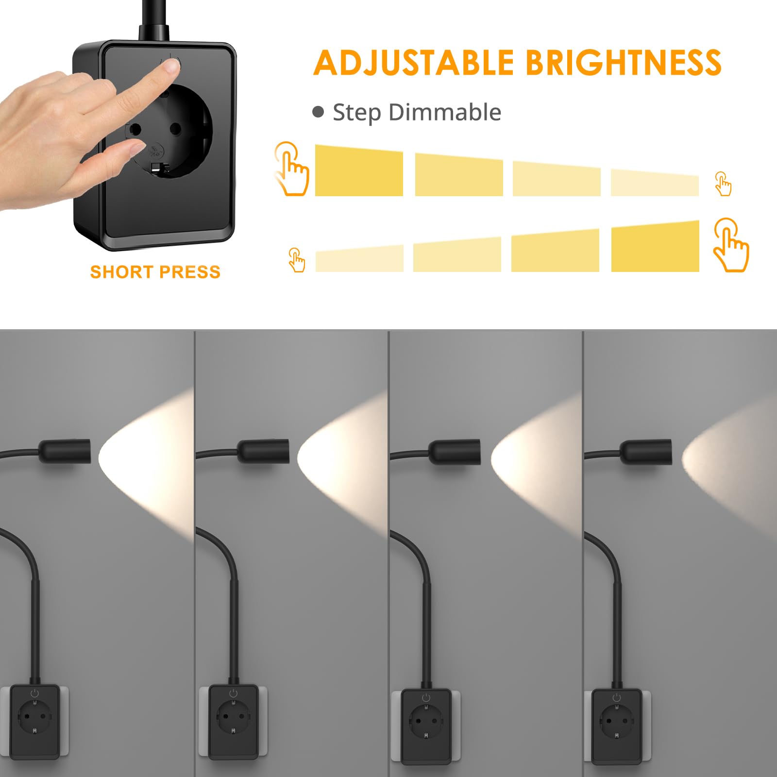 ENUOTEK Lampara de Lectura Aplique LED Interior, 3W 240LM Lampara Enchufe pared Aplique Negro Mesita de Noche pared, 4 Brillo Regulable, 3 Color de Luz 4000K-3000K-5000K Lampara Lectura pared