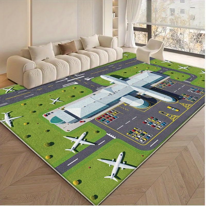 Bycmuoz Airport Runway Themed Kids Rugs, 160x230cm, Apron Car Track Carpet for Children, Reduce Noise Fade Resistant Durable Printed Carpet, Thin Cozy Non-Shedding Rugs for Living Room Floor