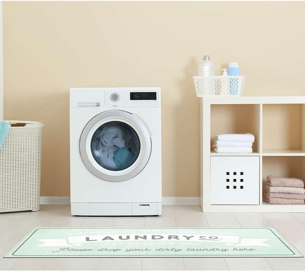 Benissimo Soft Woven Rugs, 24x56 Laundry Room Rug, 85% Cotton, Funny Non Slip Laundry Mats, Machine Washable, Bathroom Runner Floor Mat for Washroom, Kitchen, Laundry Co. Sign