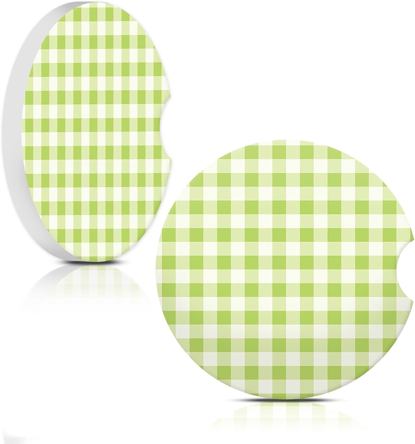 2 Pcs Cute Lime Green Gingham Ceramic Car Coasters for Cup Holders image 2