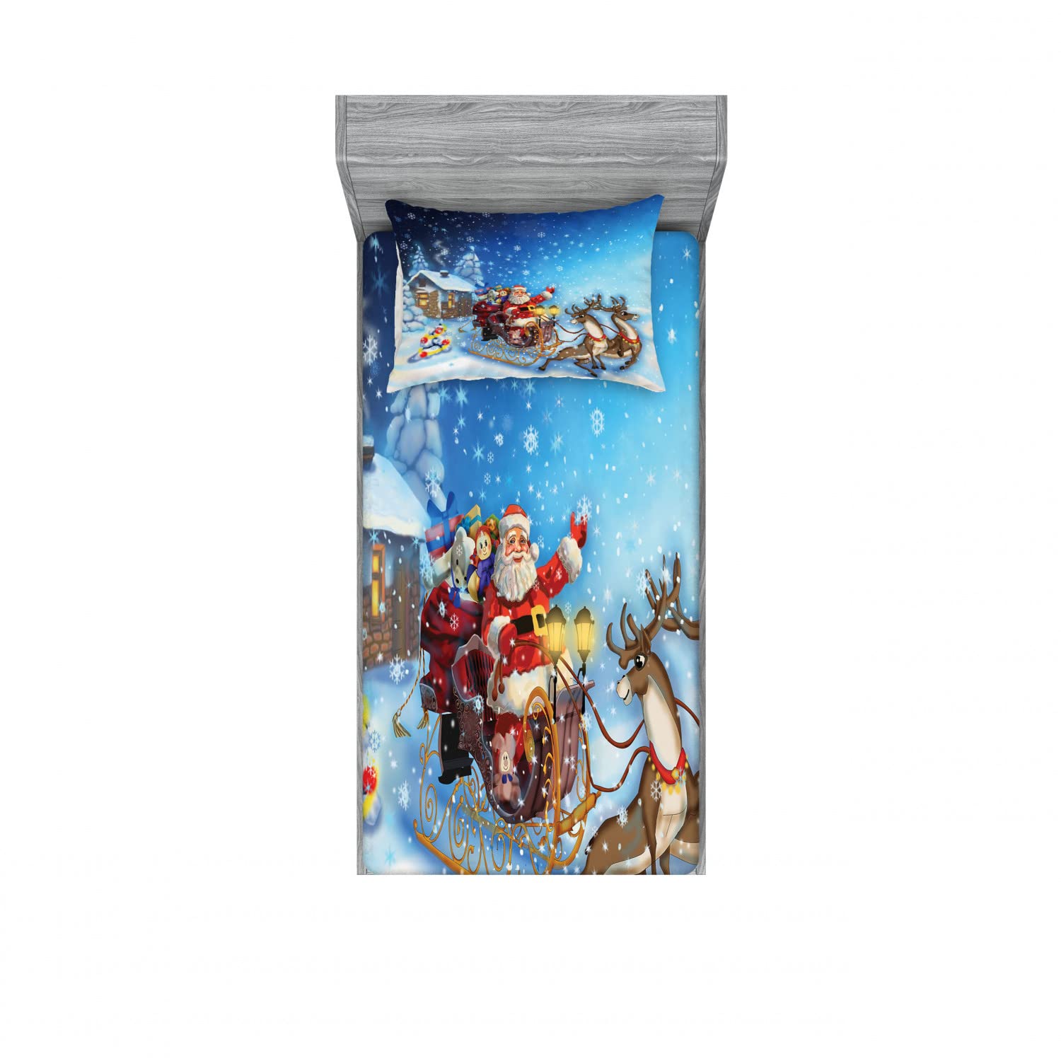 Ambesonne Christmas 2 Pack Fitted Sheet & Pillow Sham Set, Santa in Sleigh, 4 Pcs Bedding Decor, Package Contains 2 Twin Size Fitted Sheets & 2 Pillow Covers, Dark Sky Blue