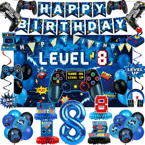 Video Game 8th Birthday Decorations for Boys Level 8 Backdrop Banner Hanging Swirls Honeycomb Centerpieces Foil & Latex Balloons for Boy Video Game Birthday Decorations