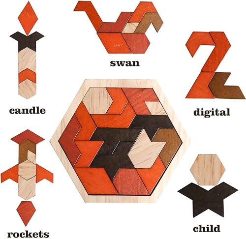 Miniatura 10 de Rompecabezas hexagonal de madera para niños y adultos bloques de patrón rompecabezas de tangram rompecabezas de geometría lógica coeficiente